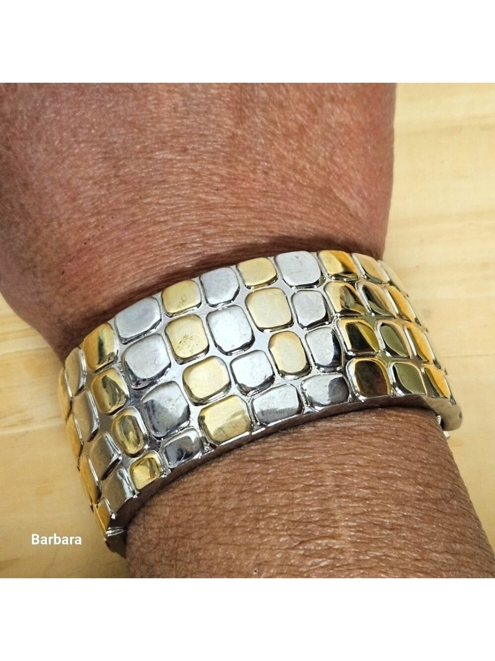 Silver/Gold-Tone Brick Design Hinged Bracelet